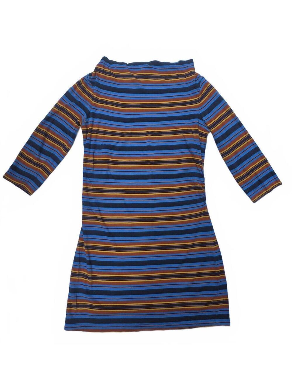 Patagonia Boat Neck Striped Dress Blue Orange Earth Tone 3/4 Sleeve Med.